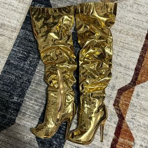 Thigh high open toed gold stiletto boots size 6